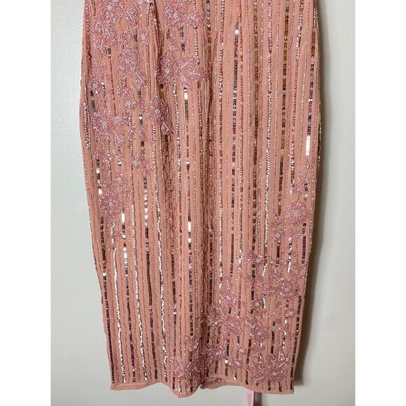 NWT MAC DUGGAL DRESS 4 PINK FLORAL BEADED SEQUIN EMBELLISHED STRIPED MIDI ROSE - Picture 10 of 16